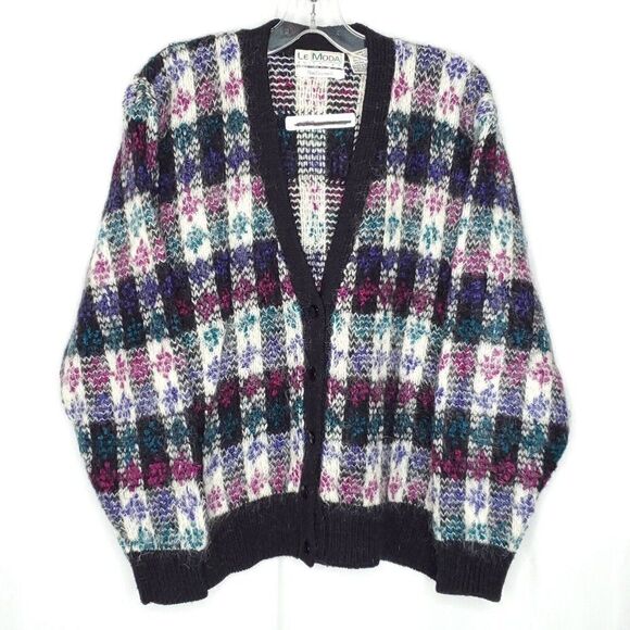 Vintage 80s Le Moda Cardigan Sweater M Black Purple Mohair Plaid Retro Preppy - Picture 1 of 6